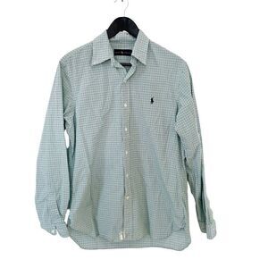 Ralph Lauren Blue Label Green Blue Small Checkered  Cotton Logo Dress Shirt 15.5